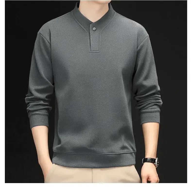 

Plus Fleece Thicken Men Autumn Winter Polo Shirts Solid Color Half High Collar Thermal Bottoming Korean Casual Button Daily Tops