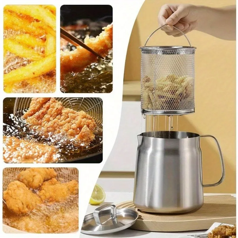 304 Stainless Steel Oil Filter Pot with Strainer Deep Fryer Basket for Kitchen, Multi-function Frying Net Tank Grease Container