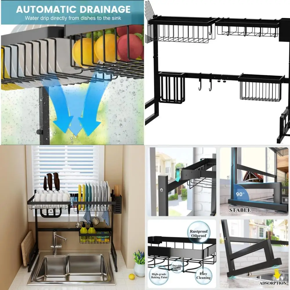 

Adjustable 2-Tier Sink Dish Drying Rack, Space-Saving Kitchen Organizer with Auto Drainage, Black