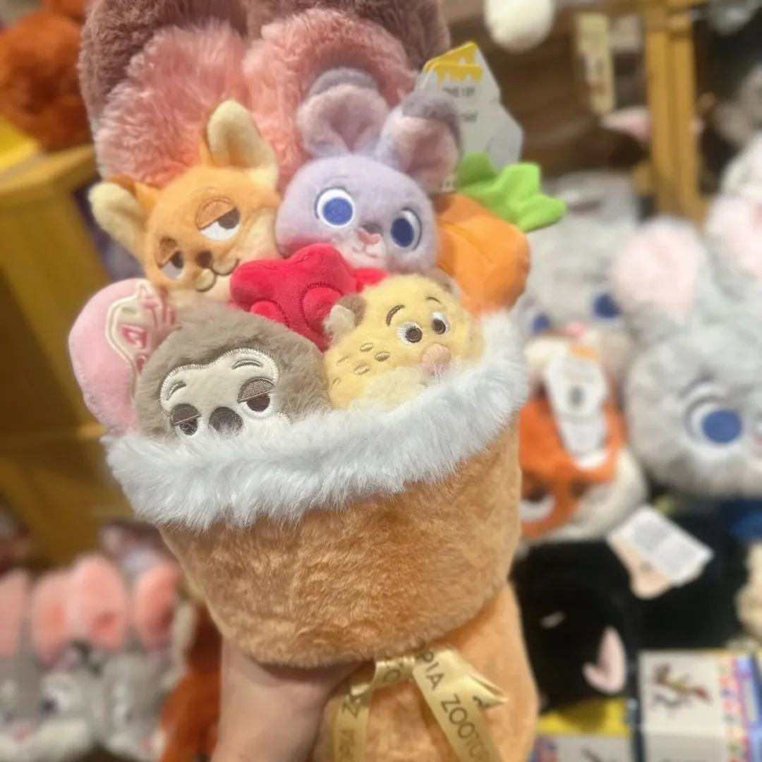 Disney zootopia nick & judy boneca de pelúcia série pequena reunião momentos anime figura com buquê de flores presente do dia dos namorados