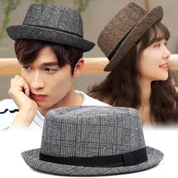 European and American cotton and linen checkered sun protection top hat men's retro jazz hat outdoor hip-hop street dance hat