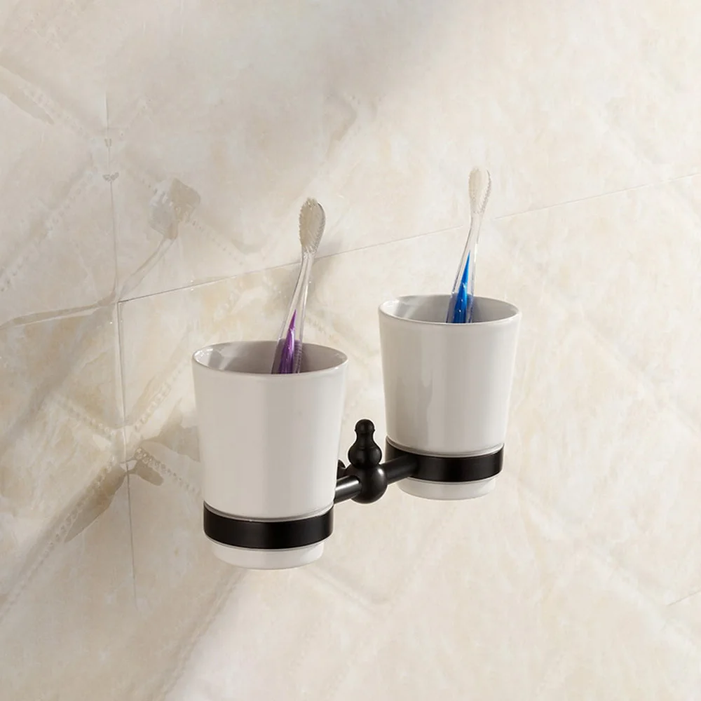 Black Oil Rubbed Brass Toothbrush Holder With Dual Ceramic Cups Wall Mounted Bathroom Accessories aba828