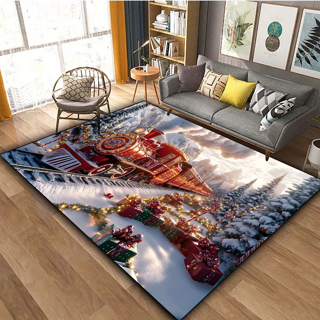 1pc Large Washable Christmas Train Rug, Gift & Candy Cane Pattern, Indoor & Outdoor Decor Mat for Living Room, Bedroom