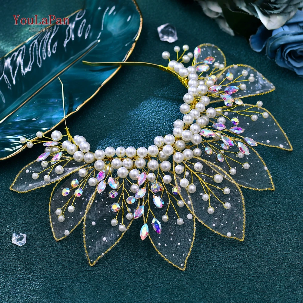 

YouLaPan Bridal Pearl Crown Headband Handmade Gold Color Leaf Shape Headbands for Women Luxury Designe Wedding Girl Crown HP670