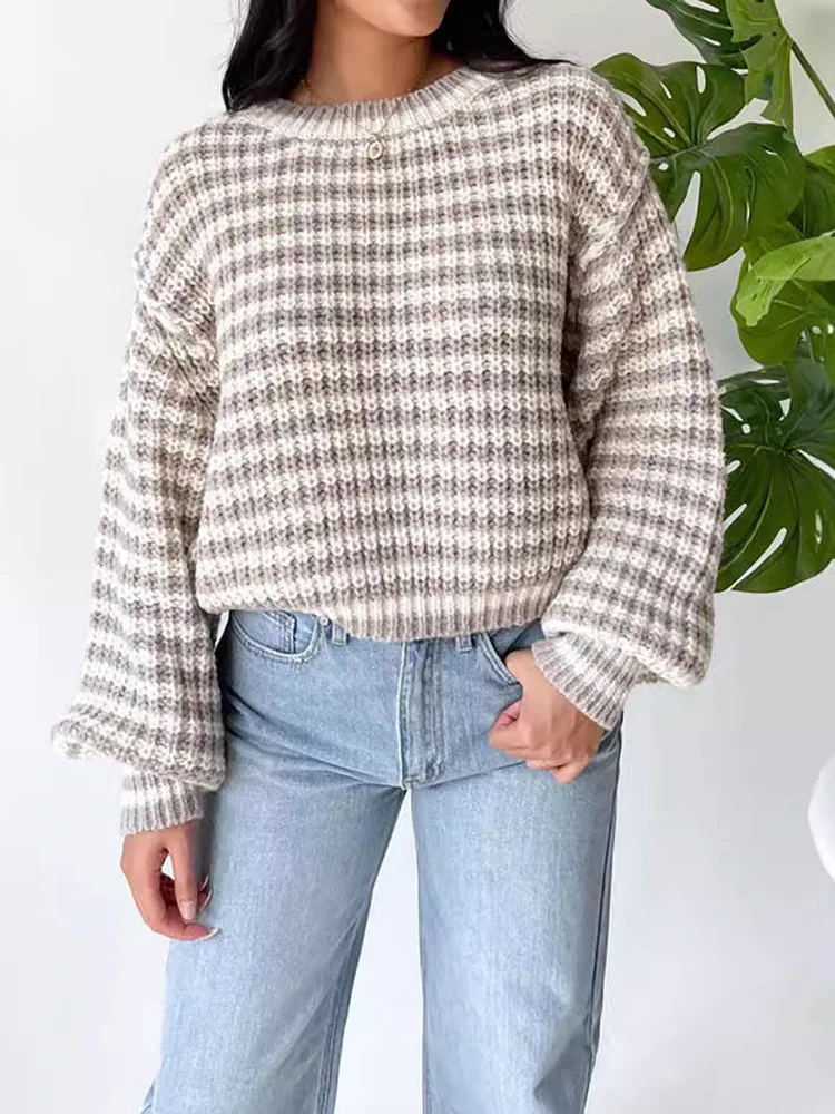 

New 2025 Women Autumn Winter Striped O-neck Pullover Female Trendy Long Sleeve Sweater Casual Knitted Tops