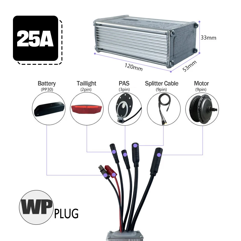 

25A Ebike Controller Waterproof Plug Square Wave Use for 500W/750W Controller with S966-NFC Display WP Connector E-scooter Parts