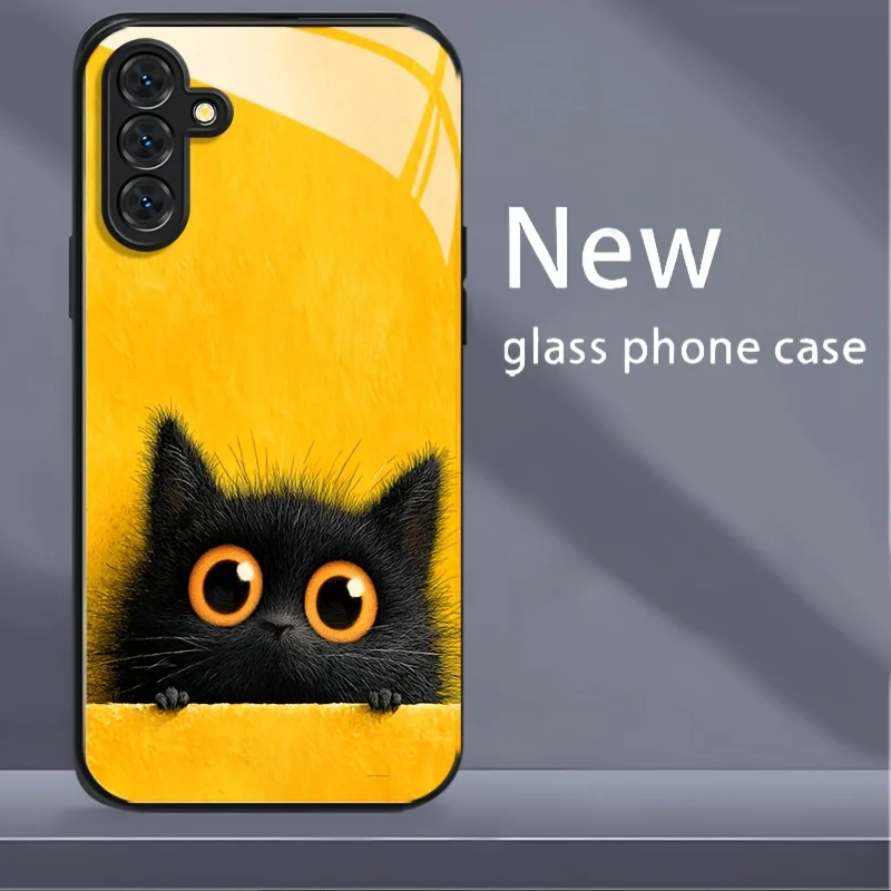 Cute black cat English tempered glass phone case suitable for Samsung GalaxyS26 S25 S24 S22 S21 S20S11S10FE/Ultra/Plus anti drop