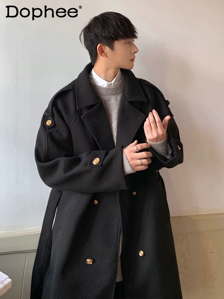 Fashion Trench Coat Men's 2024 Winter Blends American Medium Long Coat High-end Handsome Solid Color Long-sleeve New Woolen Coat