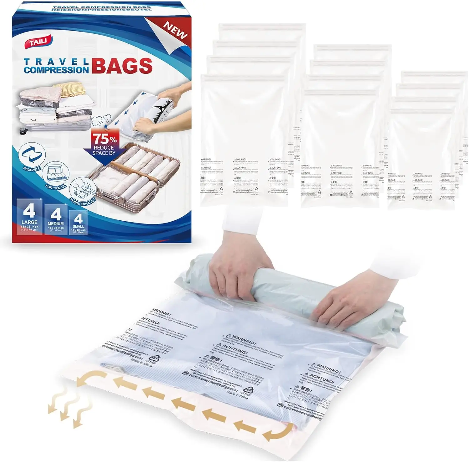 

TAILI Travel Compression Bags, Roll Up Space Saver Bags Hand Roll Packing Storage Bags for Luggage, Suitcase and Cruises, Cream