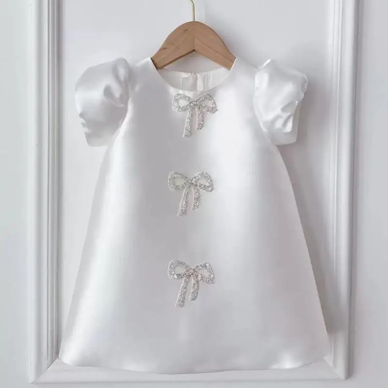 2025 New Flower Girl Elegant Dress Children Birthday Baptism Dresses For Kids Bow Frocks Girls Boutique Party Wear Dresses