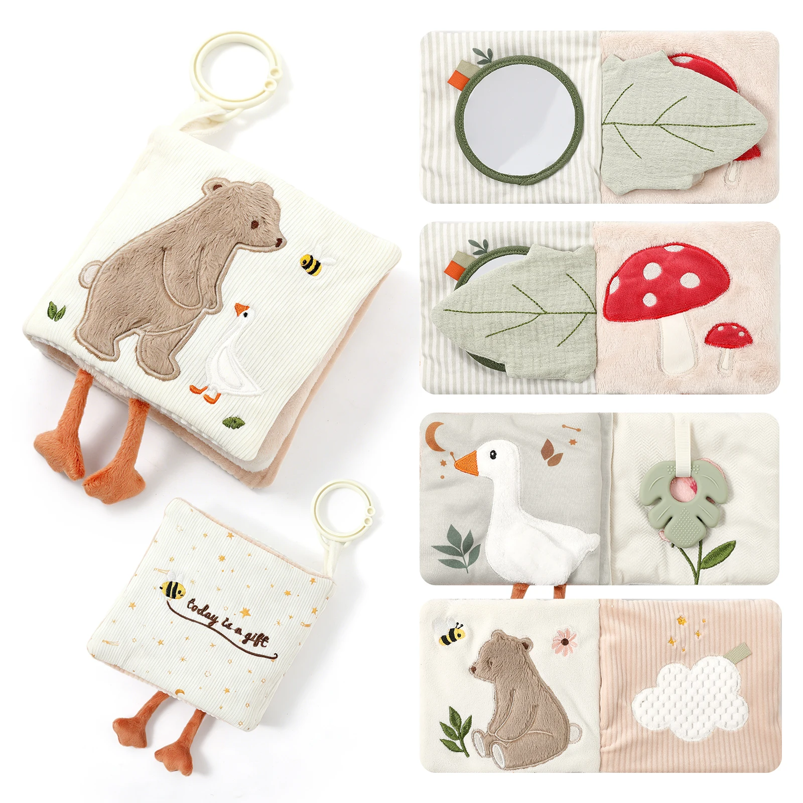 Baby Cloth Book Soft Sensory Toy, Baby-Safe Mirror, Crinkle Paper, DIY Pages, Early Learning, Fine Motor, Baby Gift