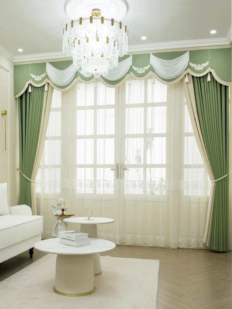 Custom Upscale French Matcha green cream living room bedroom thick cloth blackout curtain tulle valance drape C1839