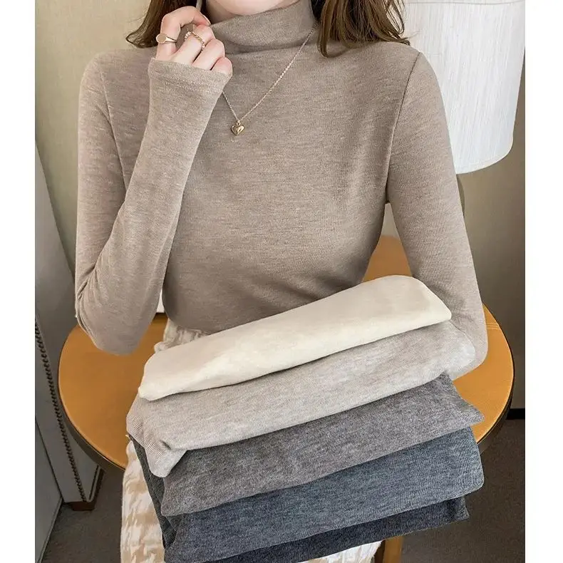 Women's Fleece Lined Thickened Warm Half High Collar Long Sleeve Base Shirt Slim Fit Pure Color Versatile Autumn Winter New S...