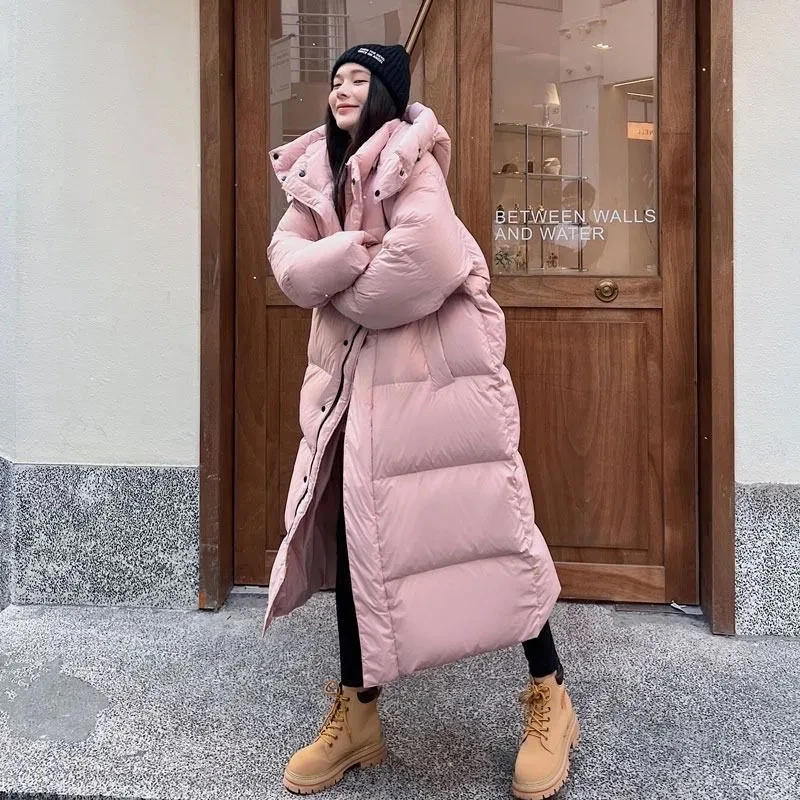 Parka rosa longa com capuz feminino, puffer acolchoado de algodão, parka casual, casaco grosso solto à prova de vento estilo coreano, roupa de