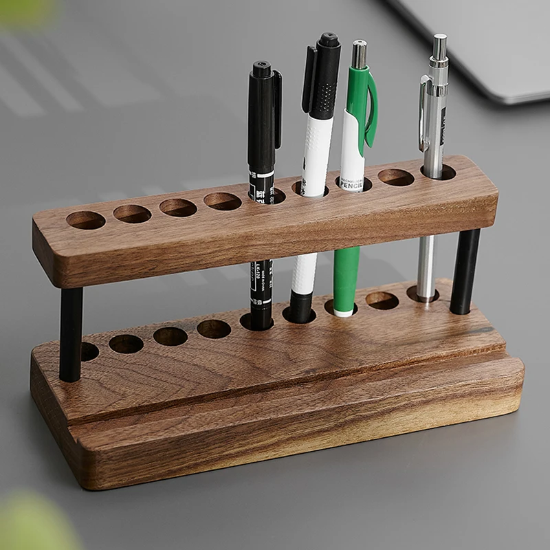 Multifunction Walnut Pens Holder Soild Wood Desktop Storage Organizer Phone Stand Creative Office School Accessories