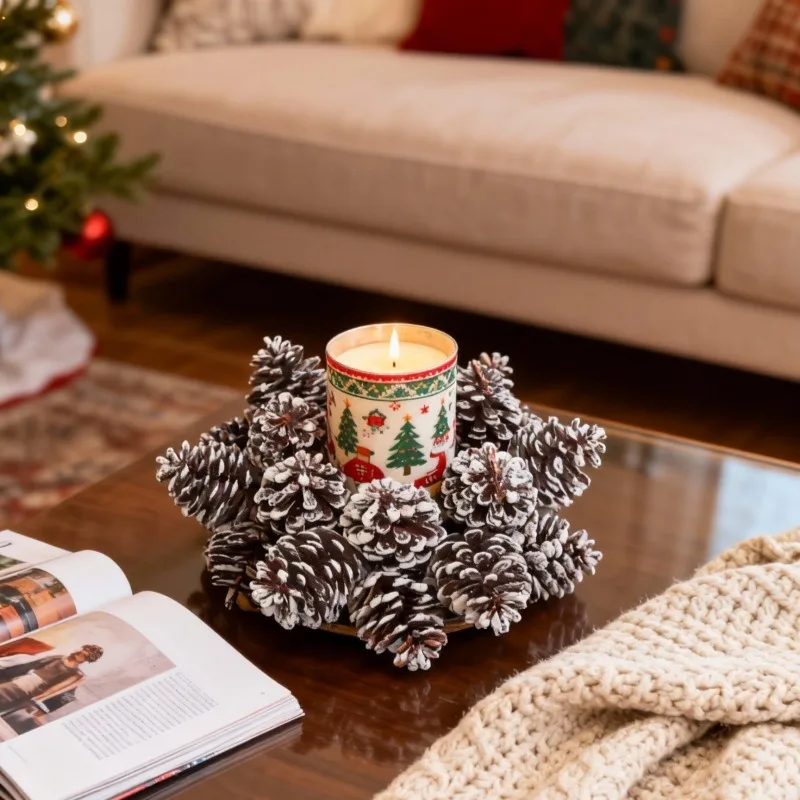 New Realistic Pinecone Candle Ring Aromatherapy Decoration Small Wreath Candle Holder Christmas Table Ornament