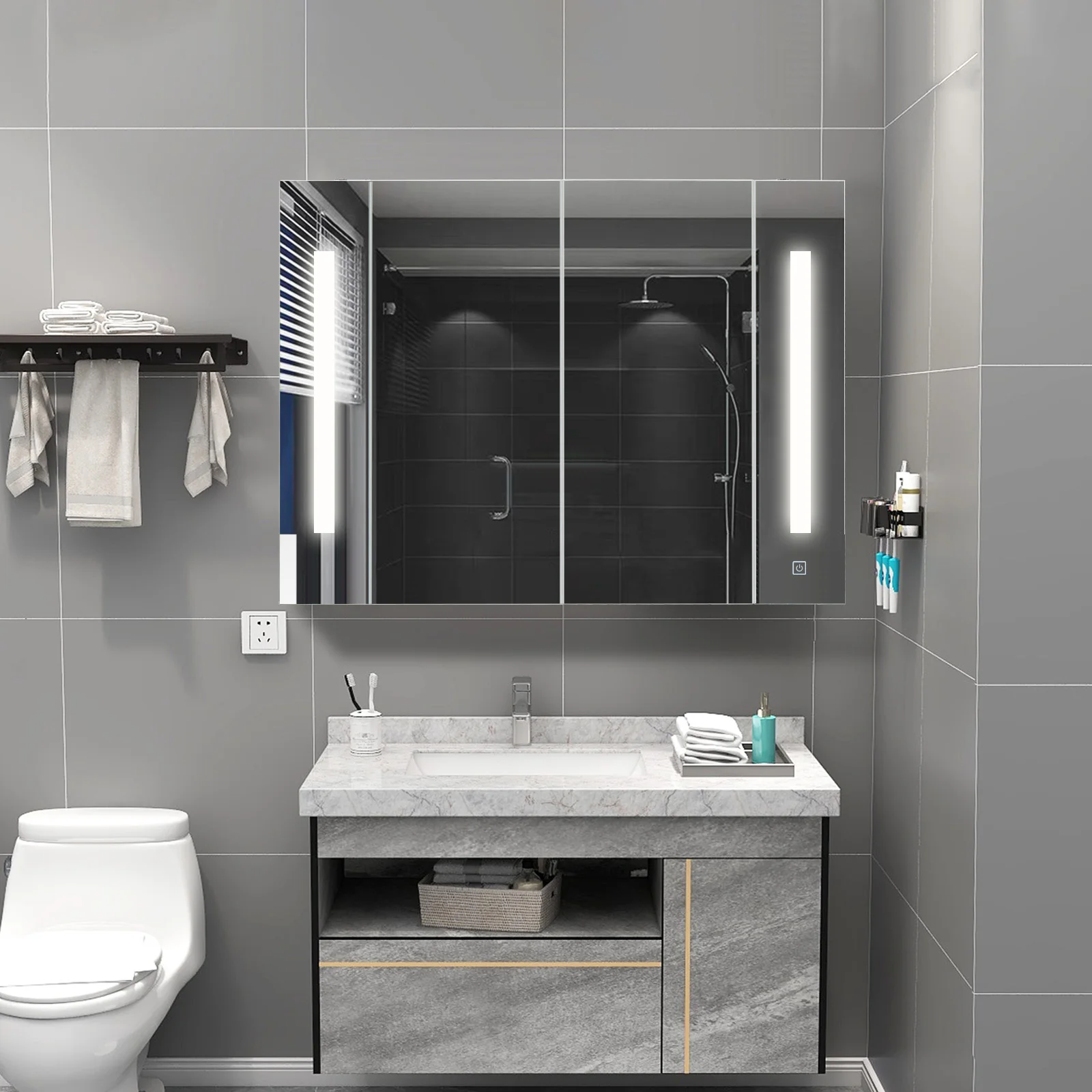 LED-Badezimmerspiegelschrank, Wandmontage, Aufbewahrung, dreifarbig, verstellbar, zwei Türen, zwei Regale, abnehmbar, weiß