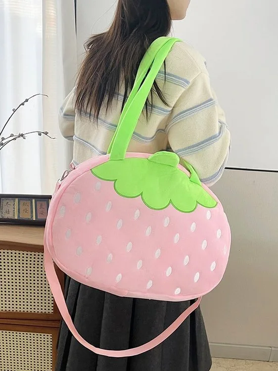 Strawberry Plush Crossbody Bag Women's Large Capacity Handbag Versatile Durable Polyester Zipper Closure Soft Shoulder...