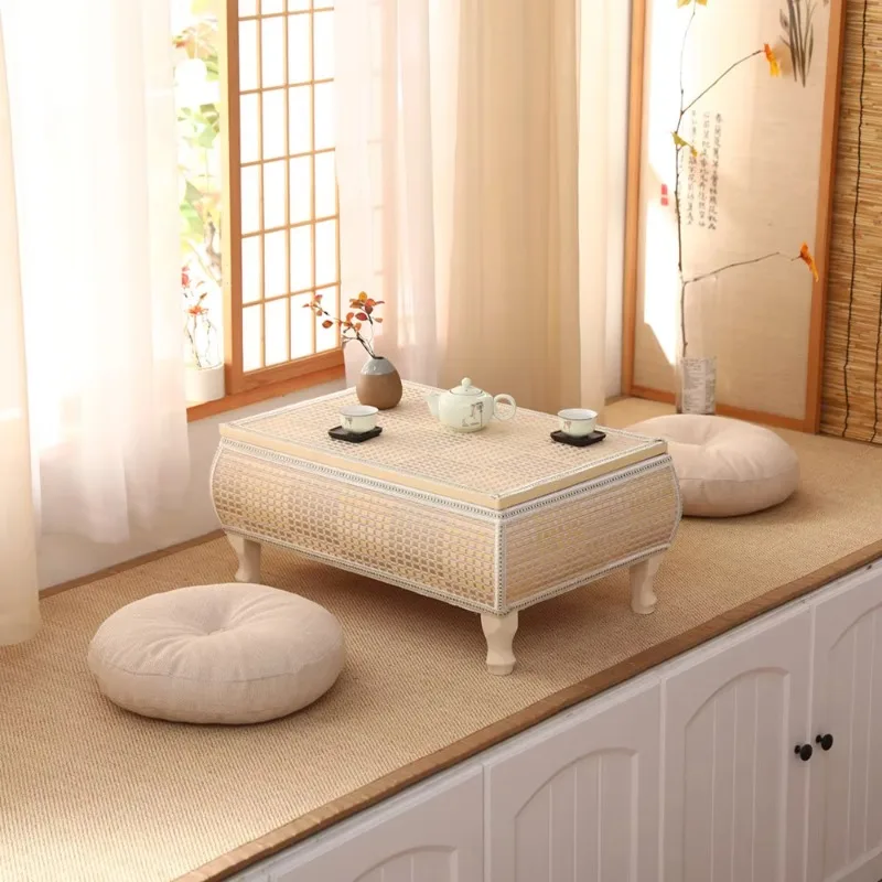 Handwoven Rattan Tatami Stand Minimalist Bay Window Tea Table Solid Wood Desk Rustic Furniture Window-Side Table