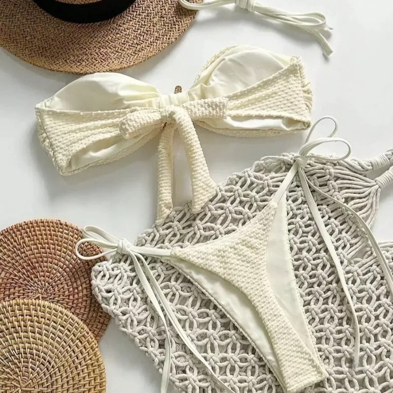 Swimsuit Solid Color Bikini European and American Sexy Lace Up Bikini Women's Small Fresh Split Beach Style Pure Desire Swimsuit