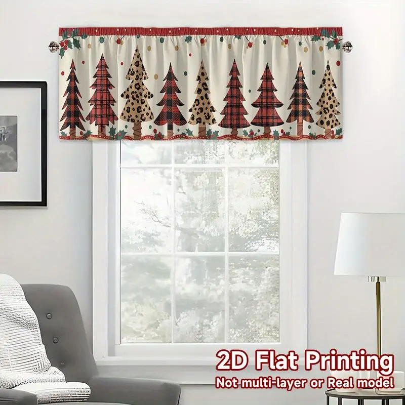 VIKAMA Christmas Window Valance Poinsettia Candy Cane Plaid Short Curtain for Kitchen Bedroom Living Room Home Holiday Decor