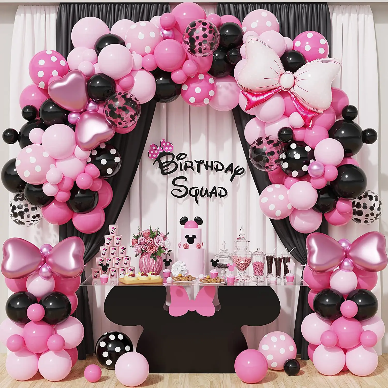 Black Pink Wave Point Theme Mouse Latex Balloon Garland Arch Kit Pink Bow For Girls Birthday Party Decoration