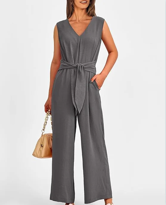 Women's Fashionable and Elegant Style Solid Color Women's Clothing Elegant V-neck Wide Leg Jumpsuit Sleeveless Jumpsuit