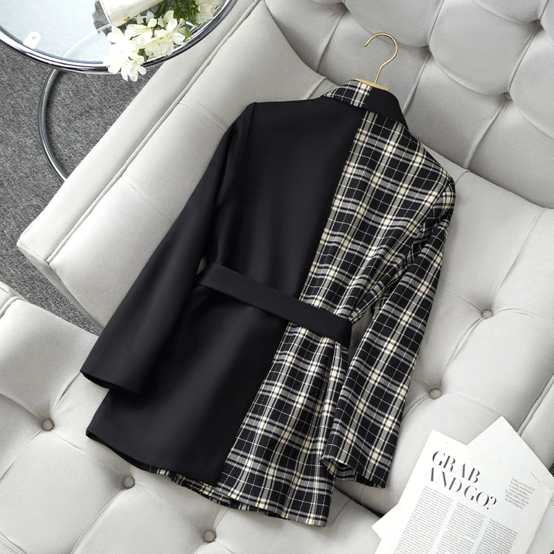 ZJYT Herbst Koreanische Mode Plaid Print Blazer für Frauen Büro Dame Jacke Mantel Feminino Plus Größe Outer Veste Femme Schwarz