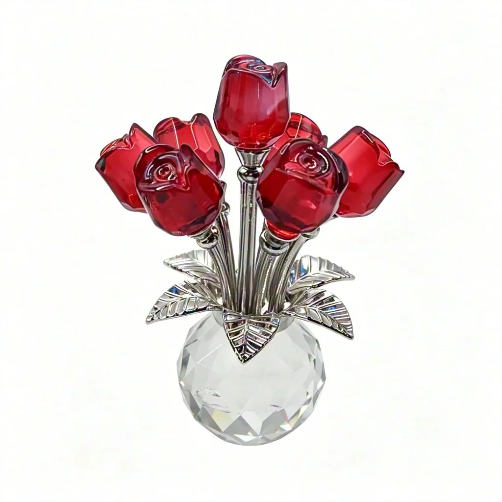 Crystal Rose Bouquet Warm Sentimental Statue Sculpture Ornament Home Decorative Ornament Delicate Crystal Rose Decoration
