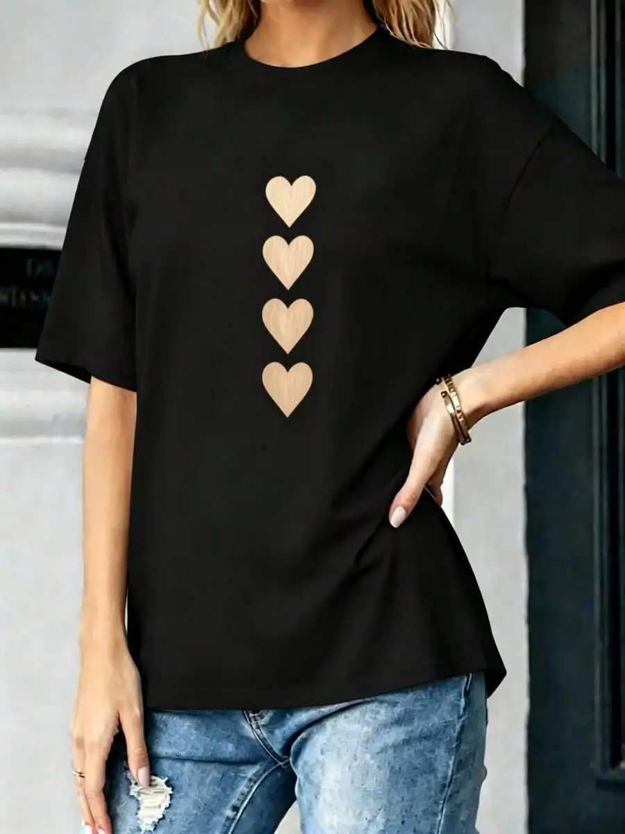 Loose Fit Women Heart Print Graphic T Shirt Crewneck Short Sleeve Spring Summer Casual Aesthetic Daily Wear Top