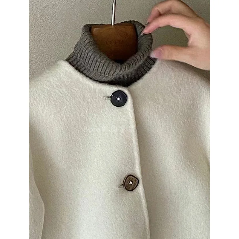 Wool Korea Boys Girls Coat Autumn Spring New Tops Childrens Clothing Outerwear Round Collar 2024 Button Soild Fashion