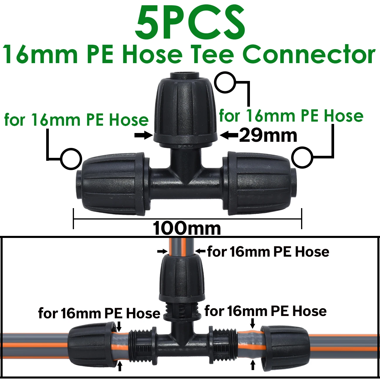 Sprycle 5PCS 16mm 1/2\'\' PVC Garden Pipe Connector Watering Drip Irrigation Coupling Splitter Tee Thread Lock to 4/7mm 3/5mm Hose