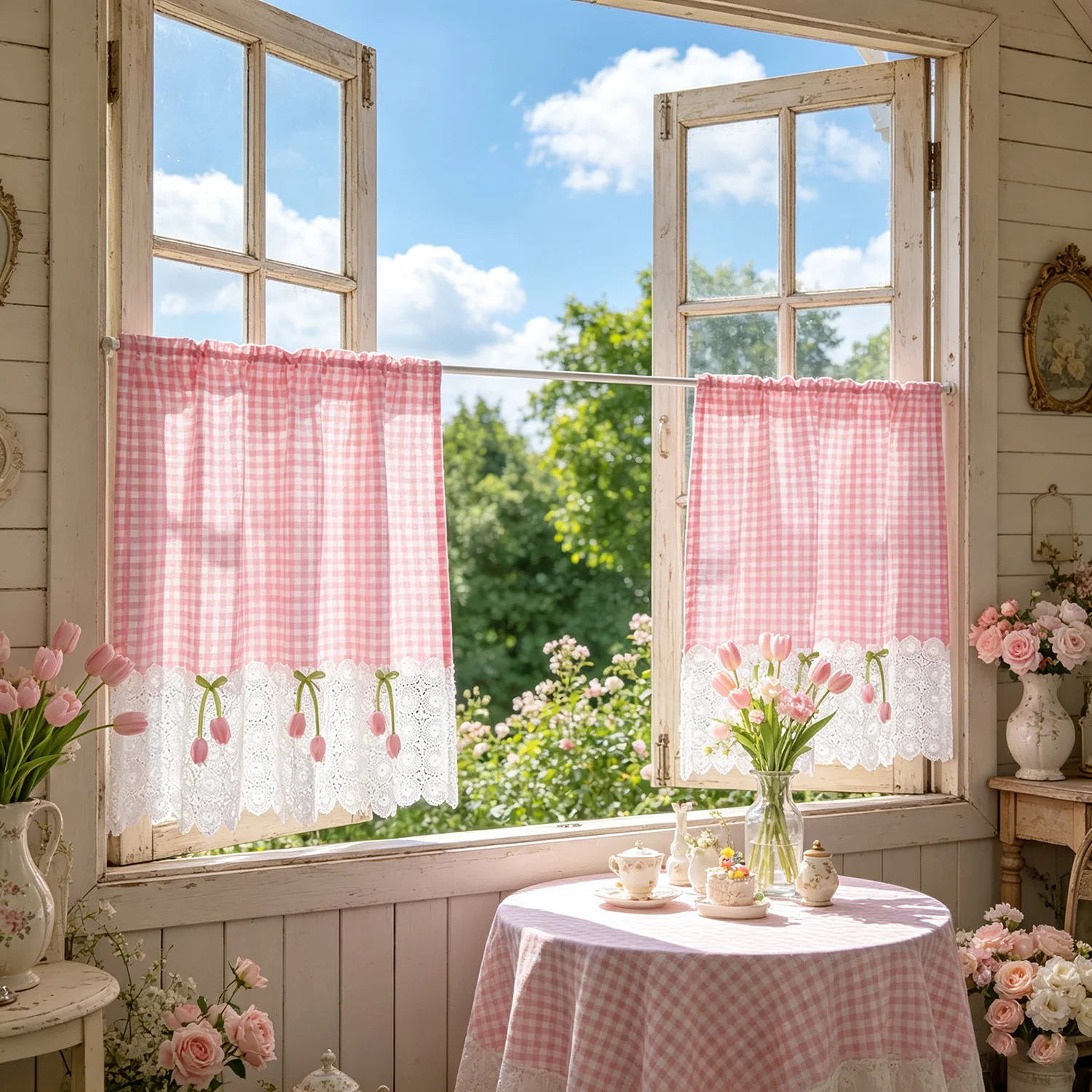 Country Pink Plaid Kitchen Curtain with Hollow Lace  Tulip Flower Decor, Farmhouse Semi Sheer Window Valance for Cabin Balcony