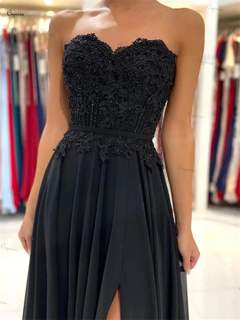 Ciynsia gaun Prom renda hitam kesayangan gaun pesta Formal A-Line applique panjang gaun malam belahan seksi sifon