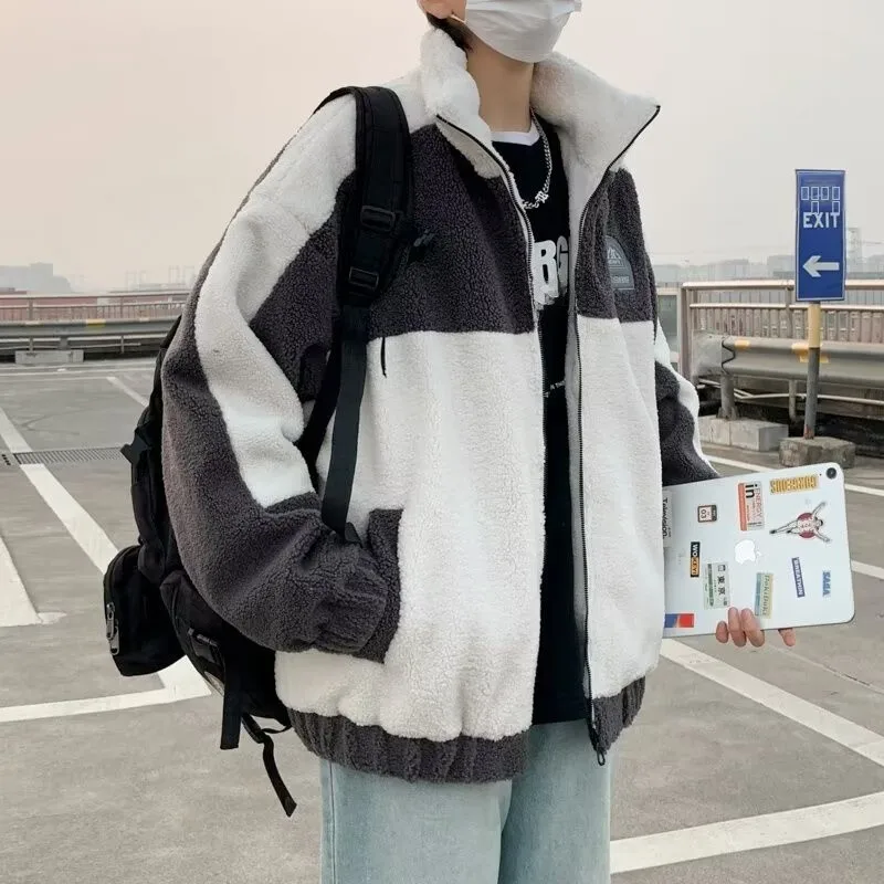 

American Sle Embroidered Patchwork Lamb Velvet Jaet Men's Autumn Winter Trendy Loose Couple Matching Warm Cotton Coat