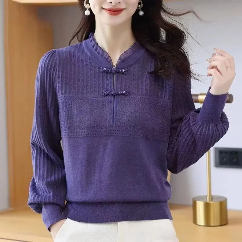 High-Quality Sweater Women 2025Spring Autumn New Coat Cheongsam Collar Pullover Temperament Round Neck Knitwear Retro Top Ladies