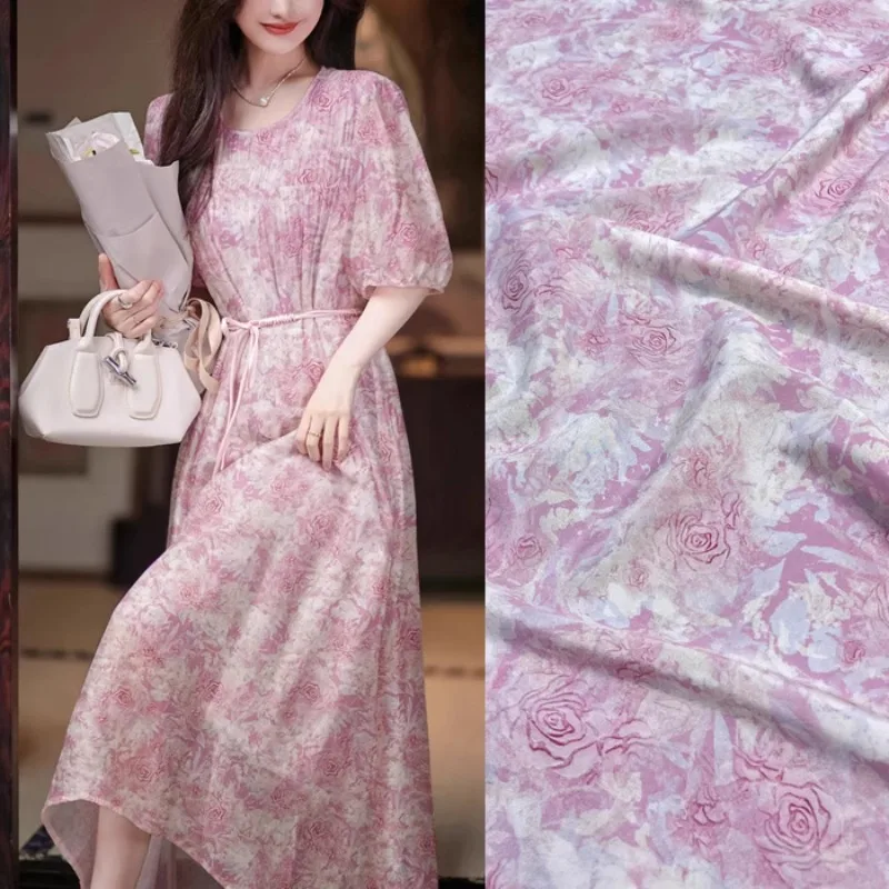 

Шелковая ткань из крепдешин с принтом розовой розы для шитья своими руками, мягкое платье, юбка, брюки, пижама, эластичная шелковая ткань из спандекса R2546