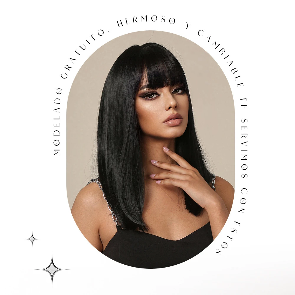 Bob Wig with Bangs, Blunt Cut Wig, Black Short Straight Hair for Women,Black Shoulder Length Synthetic Glueless Wigs for Daily