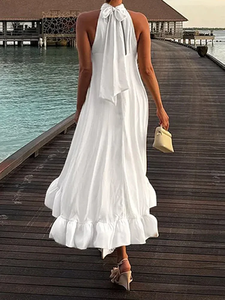 Fashion Simple Solid Color Evening Dress Elegant Lady High Waist Ruffles Banquet Dress Sexy Off Shoulder Sleeveless Party Dress