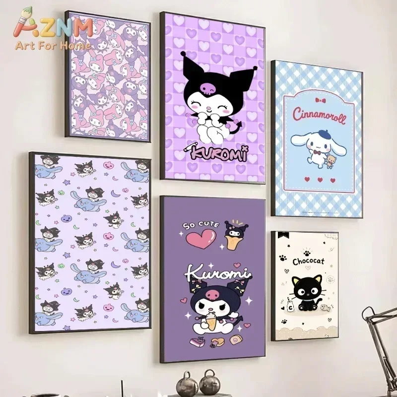 Kuromi Cinnamoroll Pochacco Canvas Poster Cute Sanrio Cartoon Print Unframed Canvas Art Sweet Pastel Aesthetic Wall Decor Gift