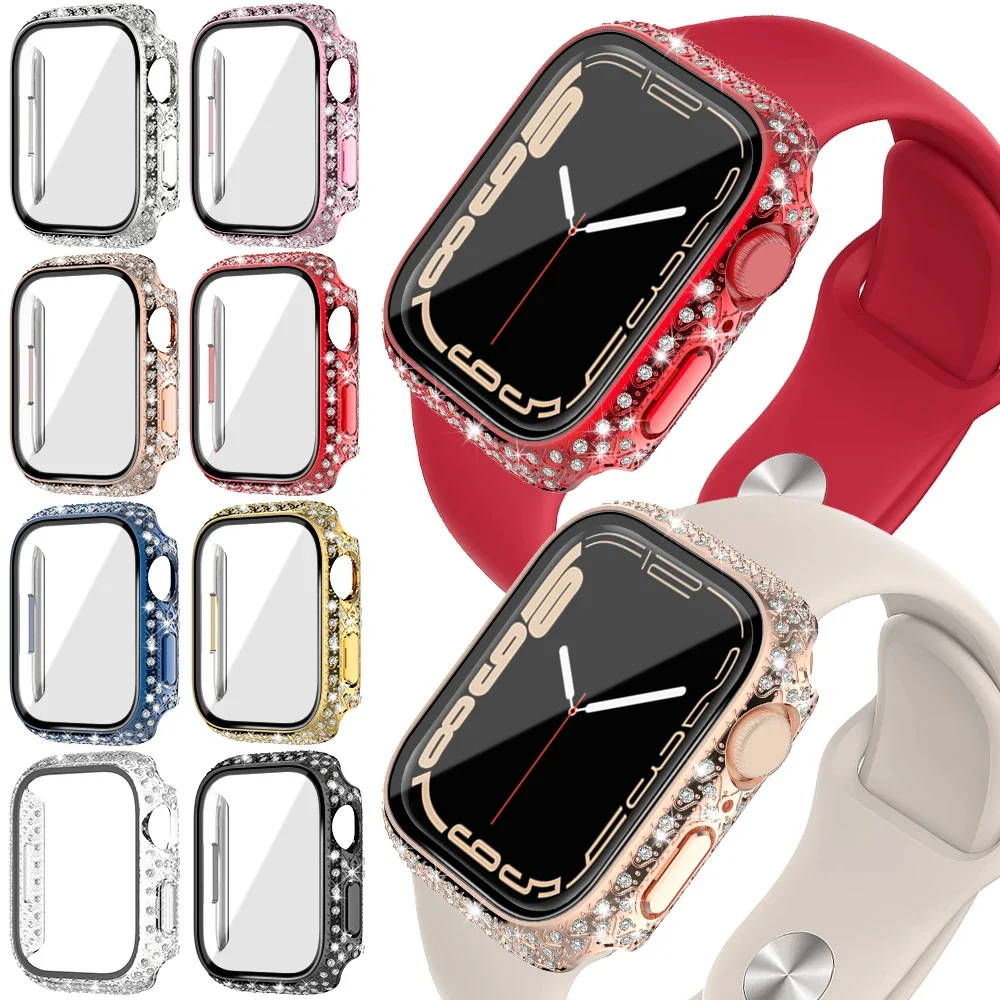 Diamond Watch Case Glass+Cover For Apple Watch Series 7 8 9 41mm 45mm for iWatch Apple Watch Screen Protector Protective Case