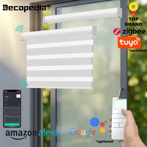 Decopedia Custom Made Zebra Blinds for Windows Motorized Roller Blinds Blackout Day and Night Window Blinds for Sliding Door