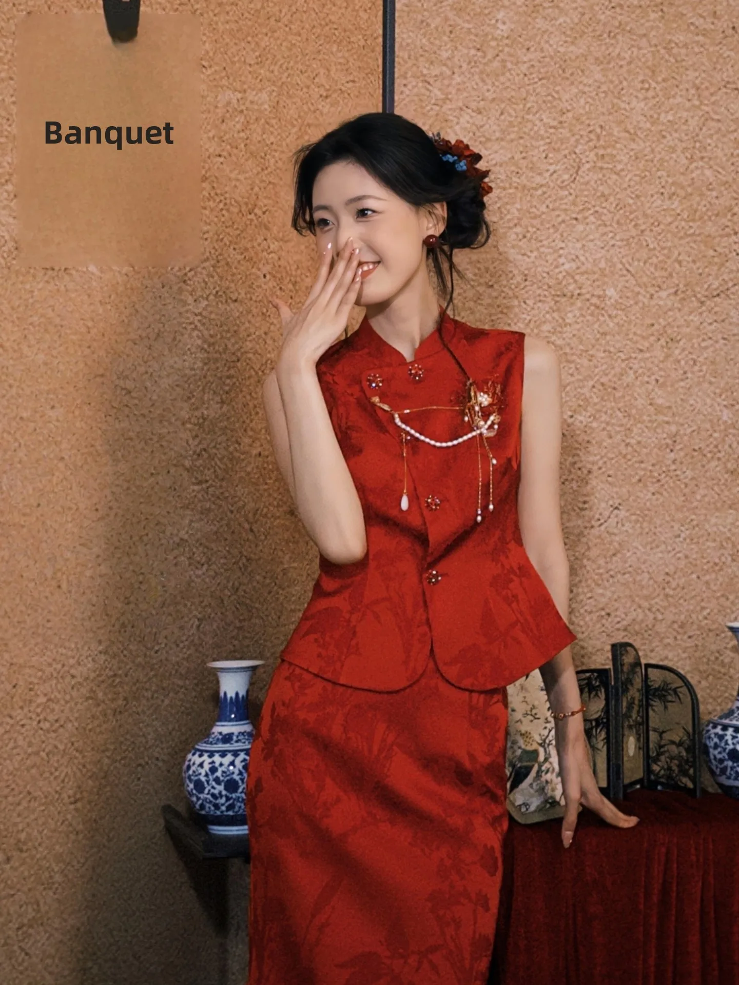 

Red Chinese Sle Wedding Dr Skirt Set New Bride Small Size Gown for Wedding And Reception Vintage Sle Midi Dr Slim Fit