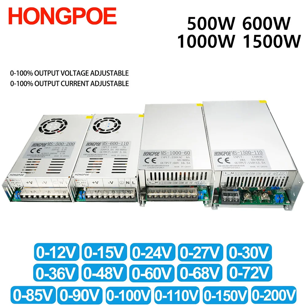 

500W 600W 1000W 1500W Adjustable Power Supply 0-12V 15V 24V 36V 48V 60V 72V 85V 90V 110V 150V 200V 110/220V Ac To Dc Smps