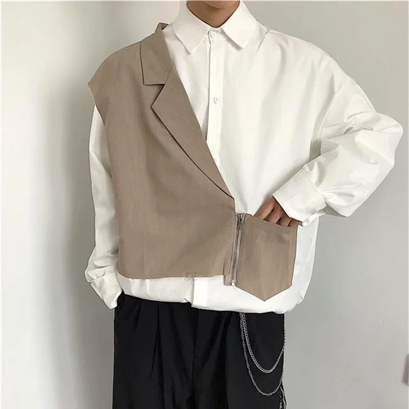 

Y2K Spring Summer Fake Two Pieces Shirt Man 2024 New Suit Blouse Join Together Men's Clothing Fashion Square Collar Top Unisex