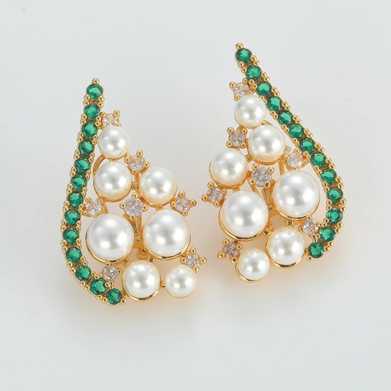 Vintage Half Flower Pearl Gradient Earrings For Woman Antique Gold Color Trendy Art Deco Jewelry Brand High Quality Gift Party
