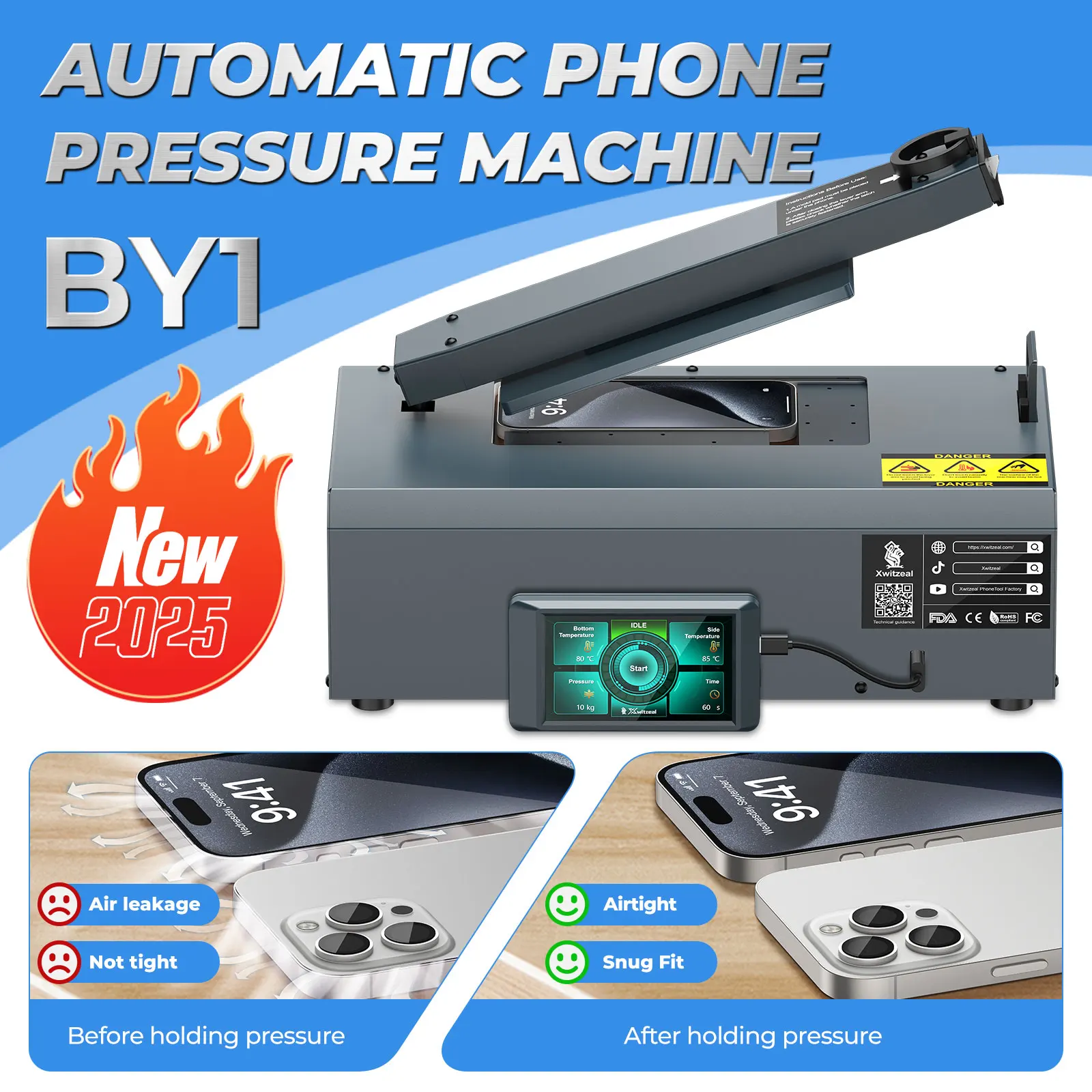 BY1 Automatic Mobile Phone Pressure Machine for Curved Straight Screens/Battery, 4-Side Heating Fit Phone Glue Sealing