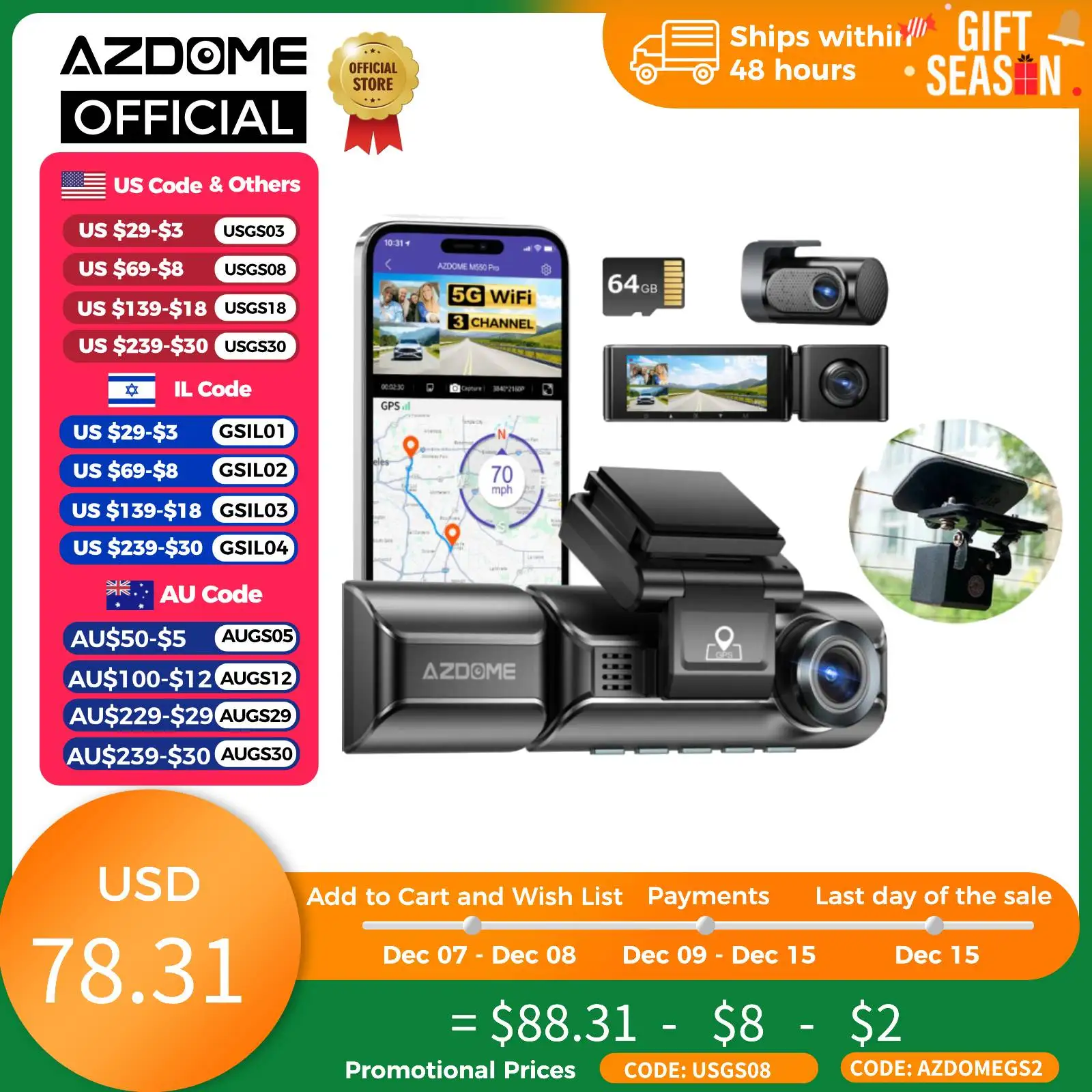 

AZDOME M550 Pro 4K Dash Cam with Rear Camera Holder 5.8Ghz WiFi GPS 150FOV 24H Parking Monitor Car DVR 2/3-Channel Route Trackin