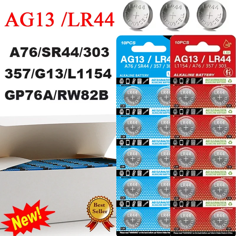 10-100PCS AG13 LR44 Button Battery  A76 357 357A LR1154 SR1154 SR44 Alkaline Coin Cell for Watch Calculator Car Key Remote Clock