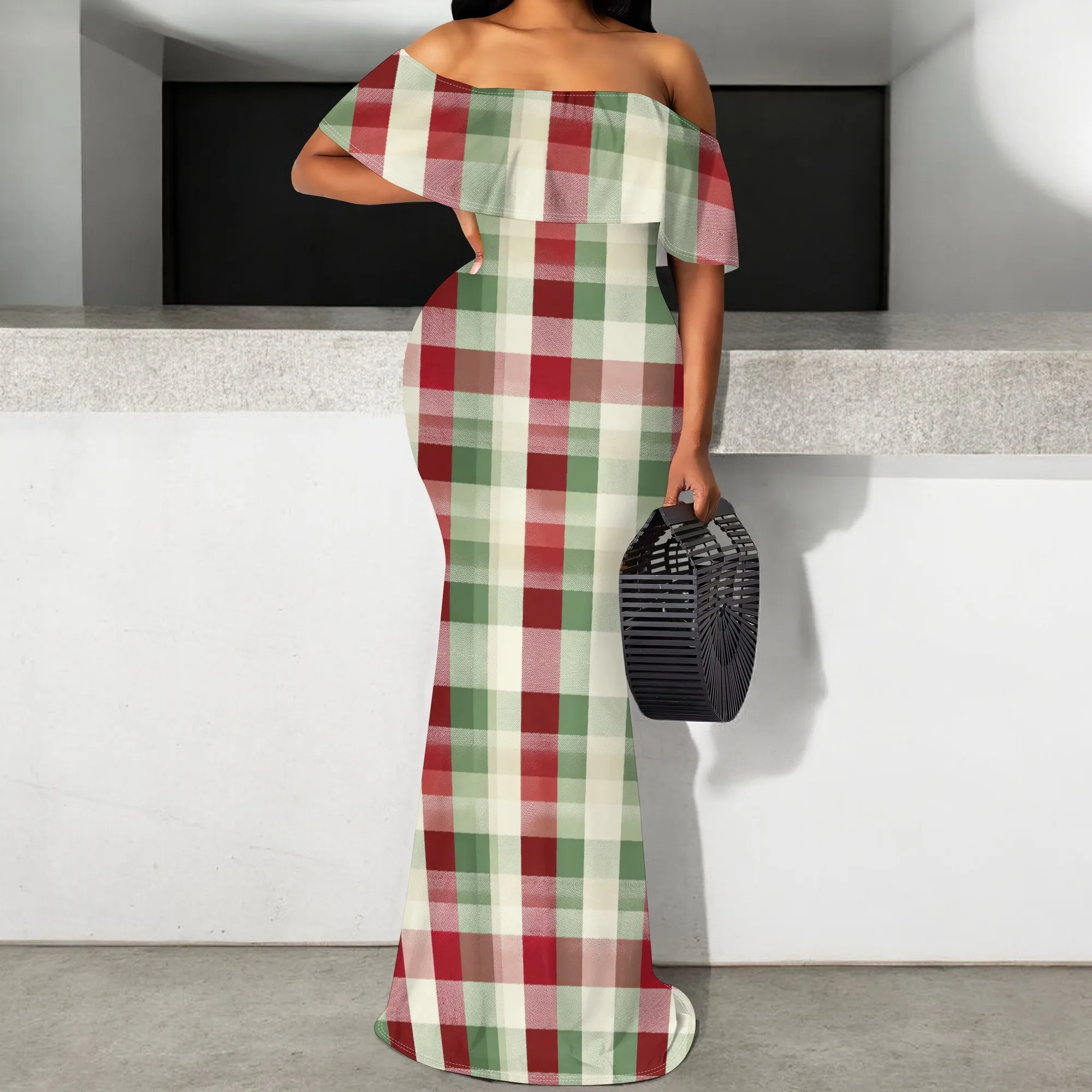 

Women's Christmas Holiday Party Dress Vintage Plaid Off Shoulder Maxi Dress Mermaid Long Dress S-3XL